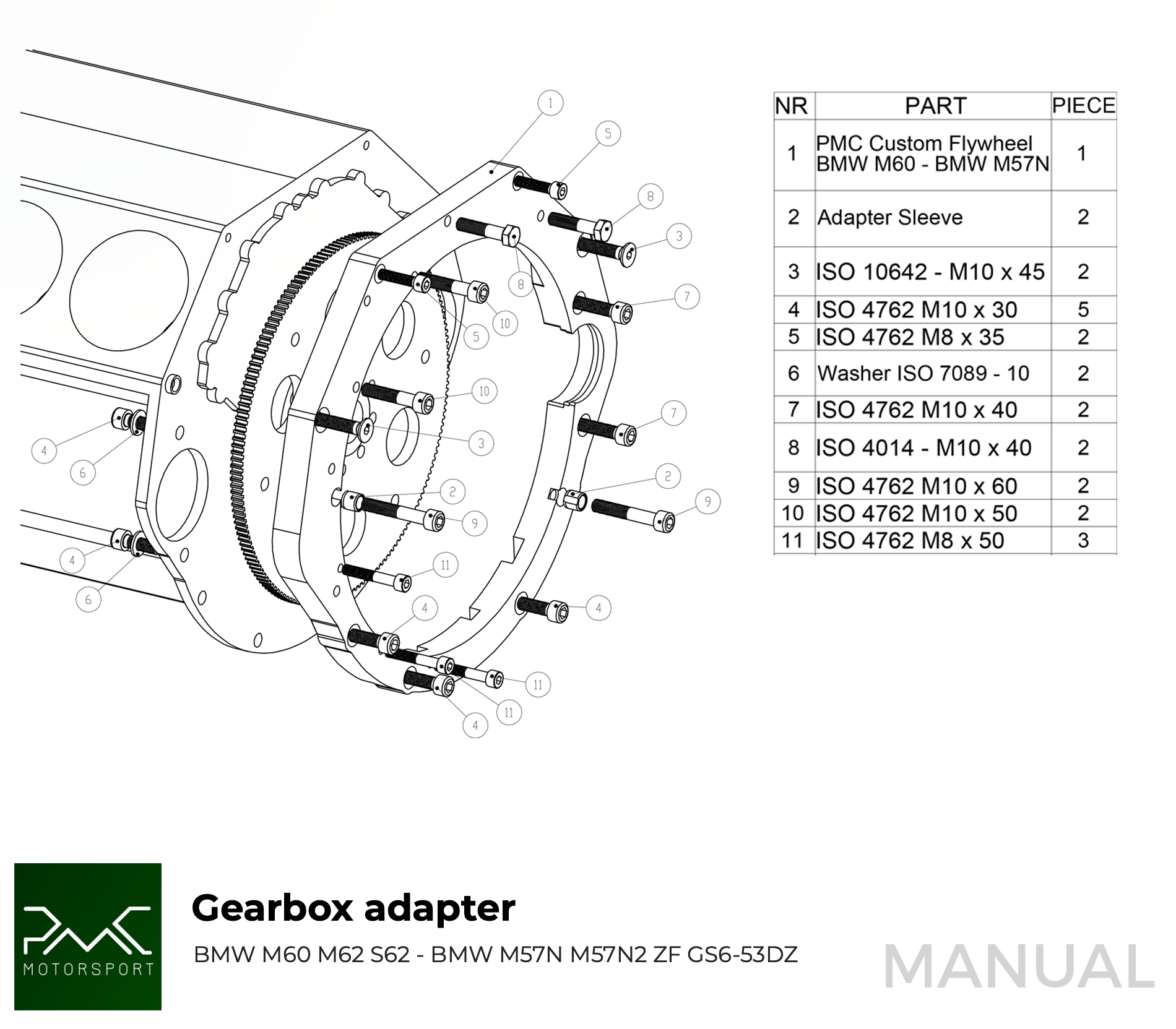 instrukcja montażu adaptera skrzyni biegów PMC motorsport BMW m60 m62 na 6 biegów gs6-53dz 