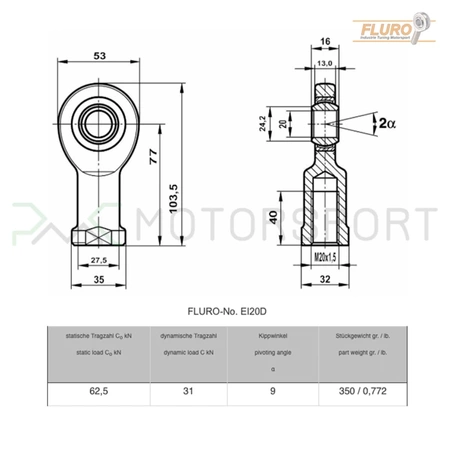 Rod end / tie rod end - uniball EI 20 D FLURO - M20x1.5 right-hand internal (female)