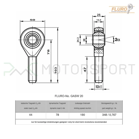 Extremidade do tirante / extremidade do tirante - uniball GASW 25 FLURO - M25x1.5 (macho)